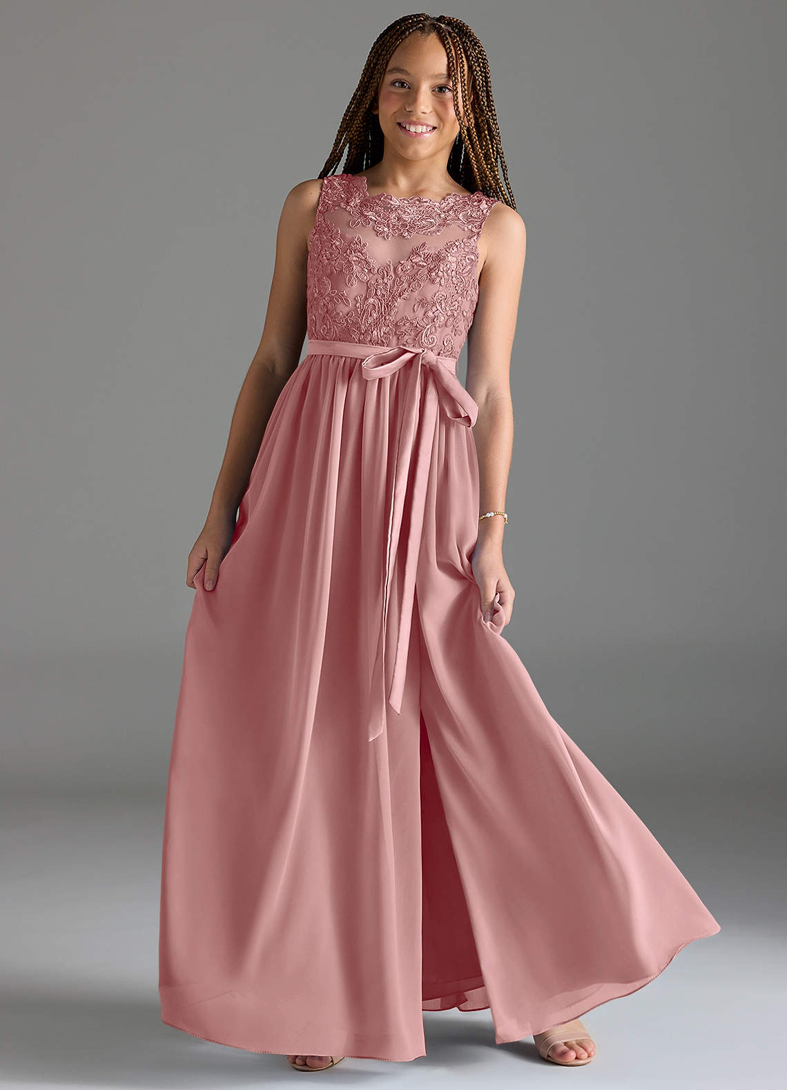 Azazie Elly Junior Abito A-Line in Chiffon Pizzo Rosa Polverosa image1