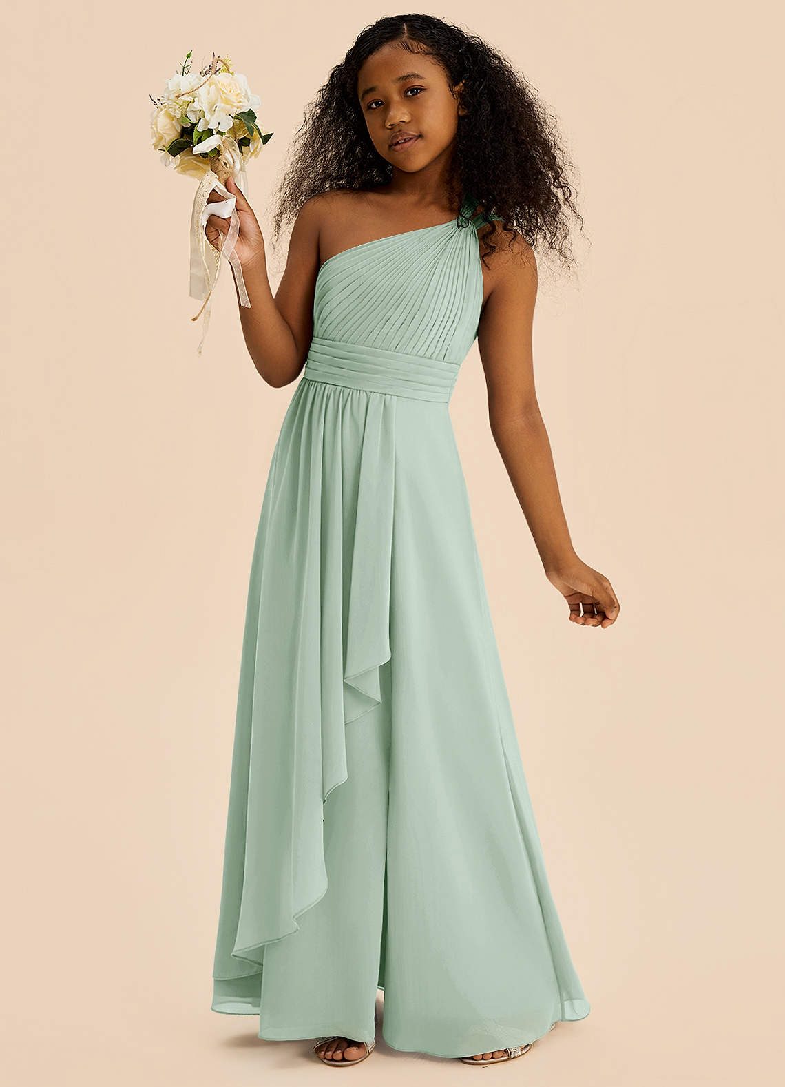 Azazie Skye Junior Abito A-Line in Chiffon Plissettato Agave image2