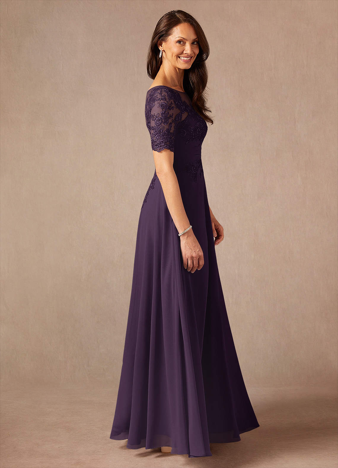 Azazie Raissa Plum A-Line Lace Chiffon Dress Ready to Ship | Azazie