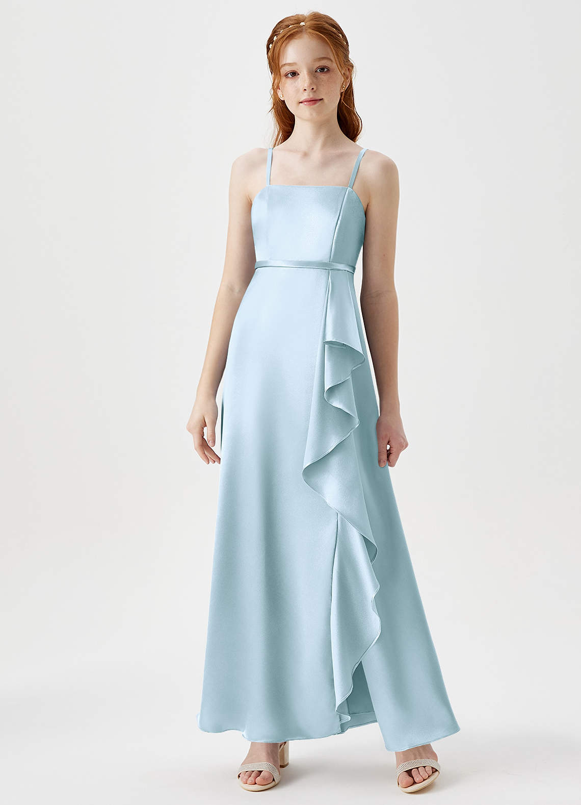 Azazie Kaylee Junior Sky Blue A-Line with Belt Metallic Satin Dress image1