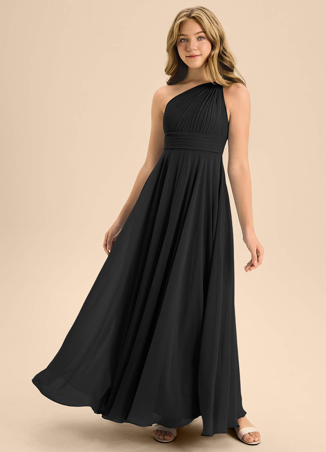 Azazie Charlize Junior Black A-Line Pleated Chiffon Dress image1