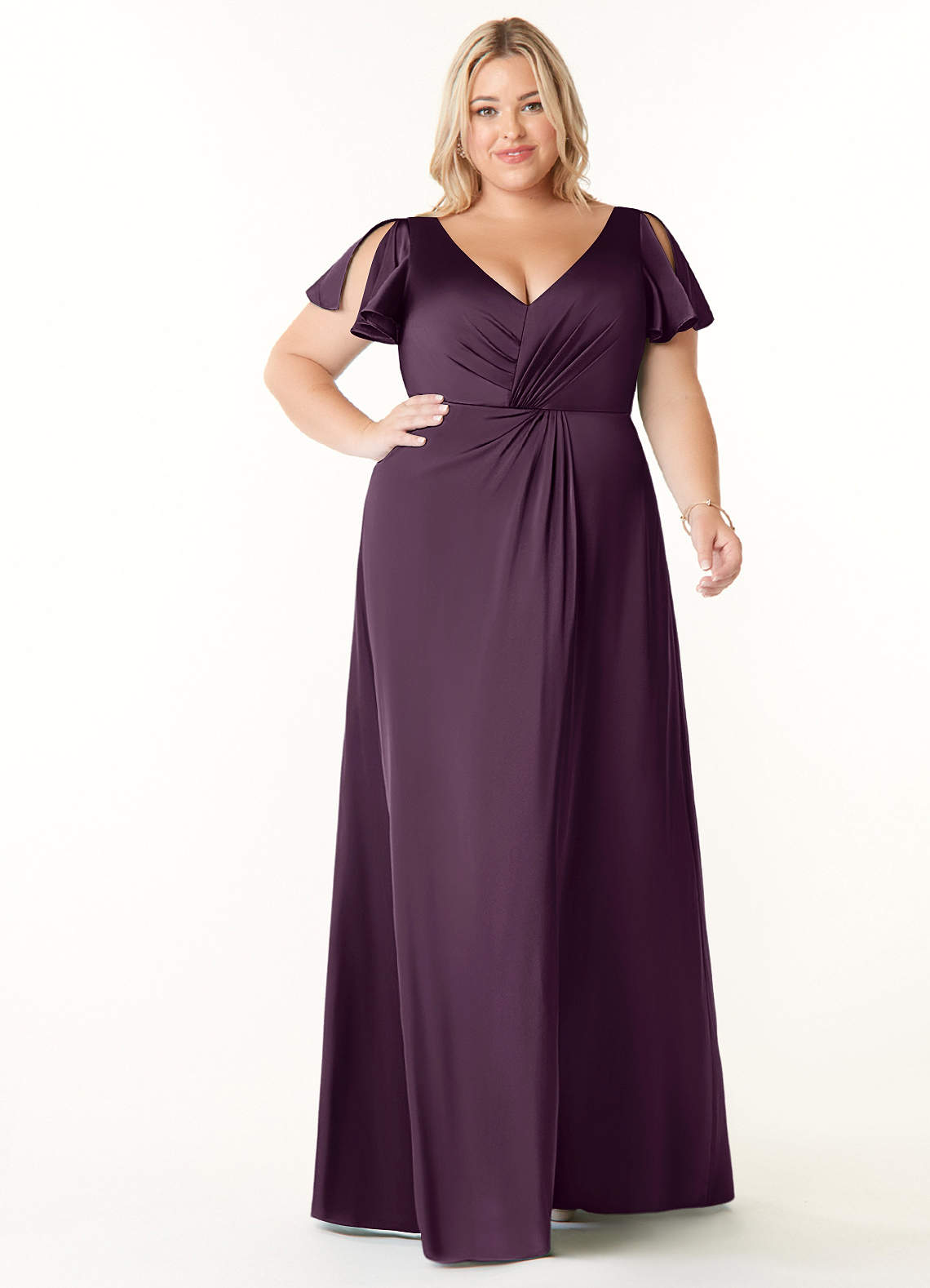 Azazie Soren Bridesmaid Dresses Plum A-Line Pleated Stretch Satin Dress image1