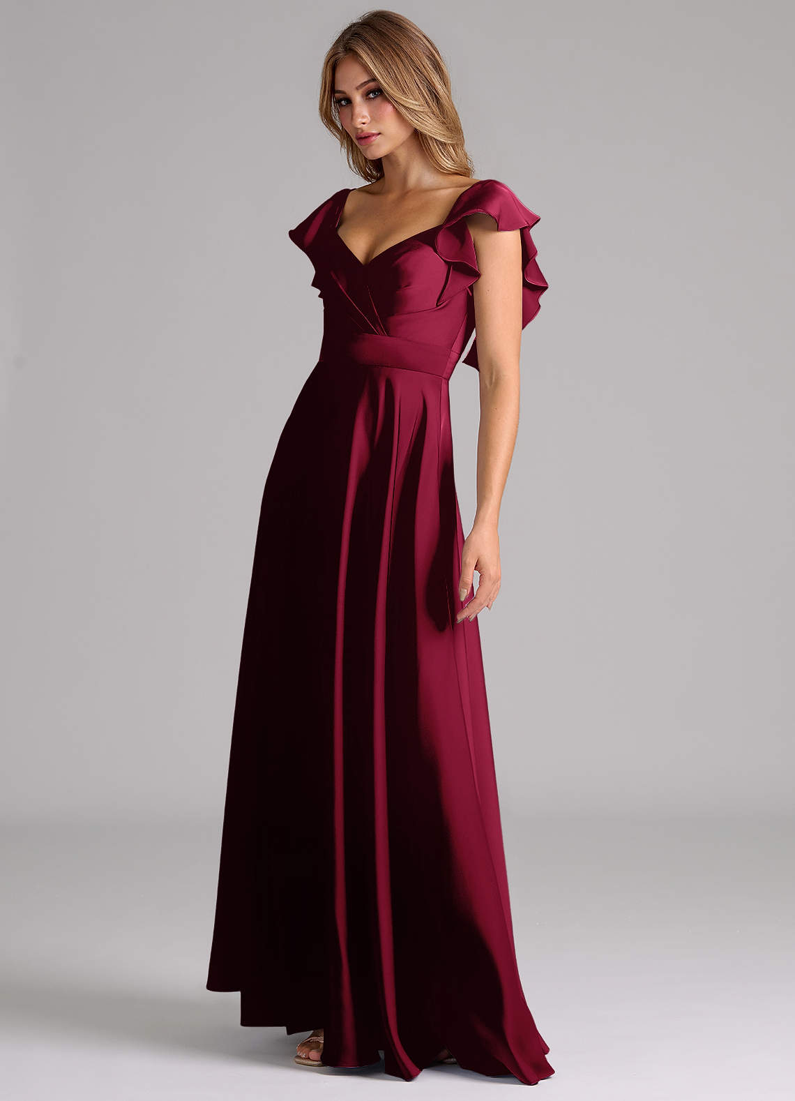 Azazie Leilani Bridesmaid Dresses Burgundy A-Line Ruched Stretch Satin Dress image7