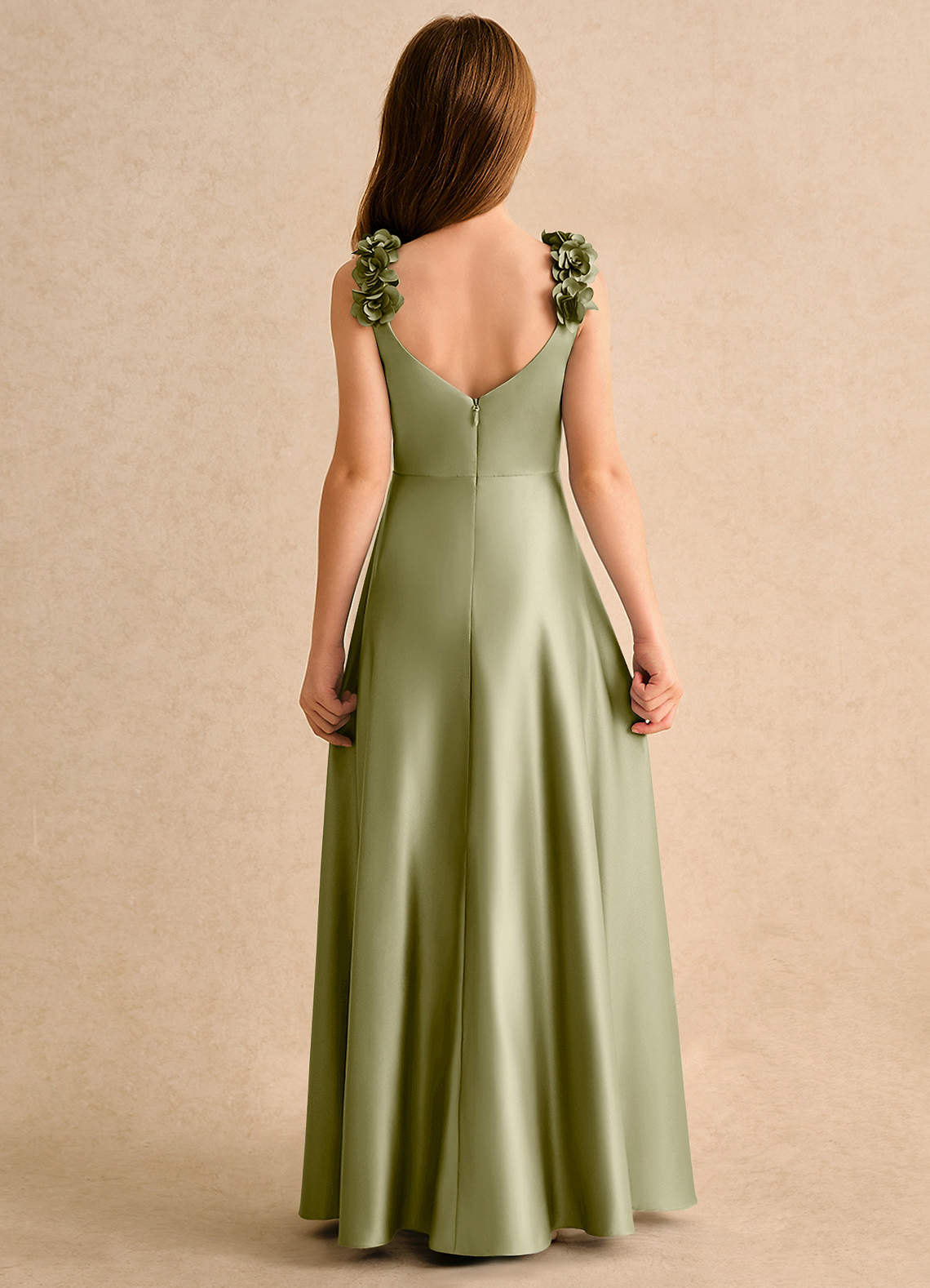 Azazie Rosita Girls Formal Flower Girl Dresses Moss Green A-Line Pleated Matte Satin Dress image3