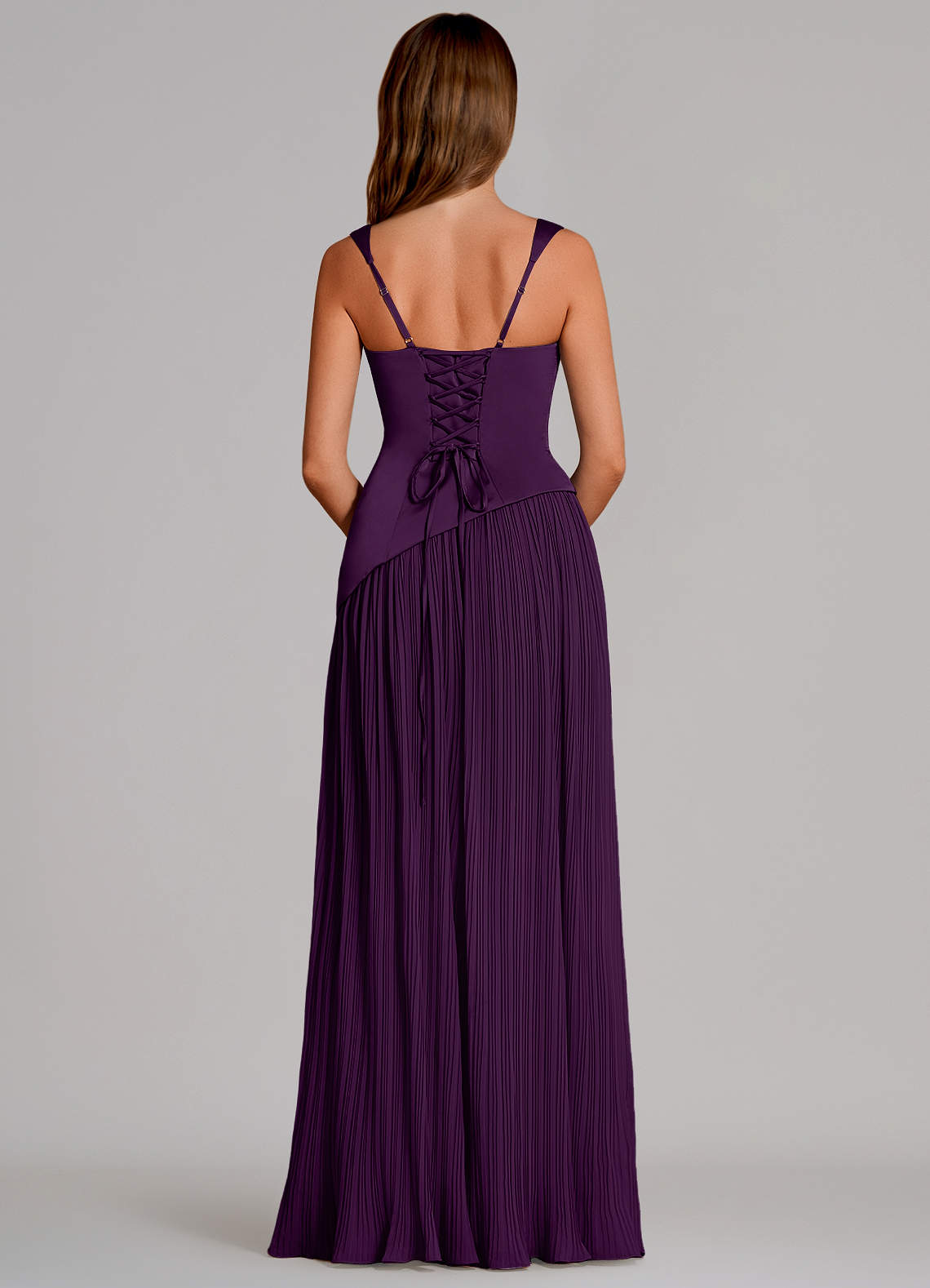 Azazie Stephanie Vestidos de madrinha de casamento Vestido Uva de Cetim elástico de Linha A com Plissado image4