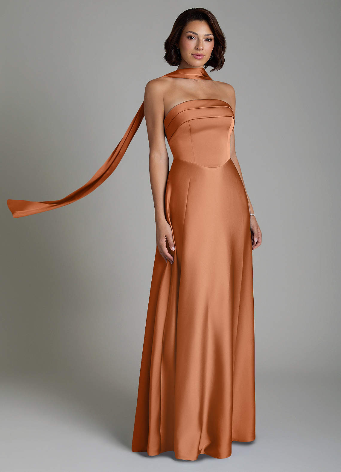 copper bridesmaid dresses Azazie Odele length hem