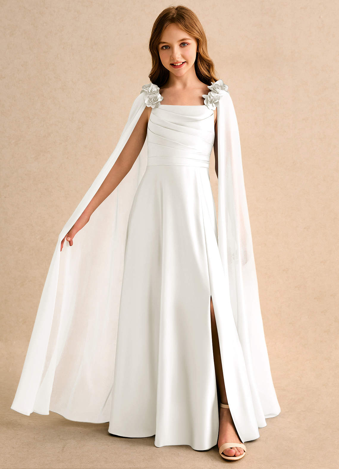 Azazie A-Line/Princess Square Neck Floor-Length Chiffon Flower Girl Dresses - ivory