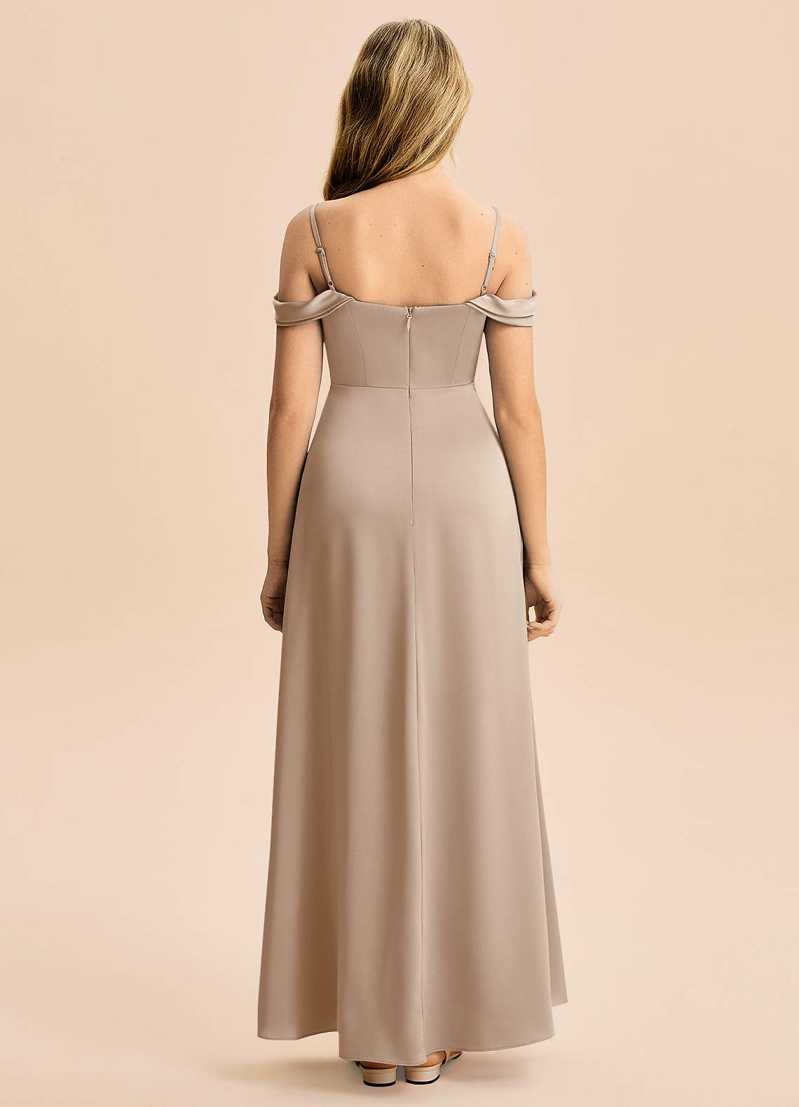 Azazie Lettie Junior Taupe A-Line Off the Shoulder Stretch Satin Dress image2
