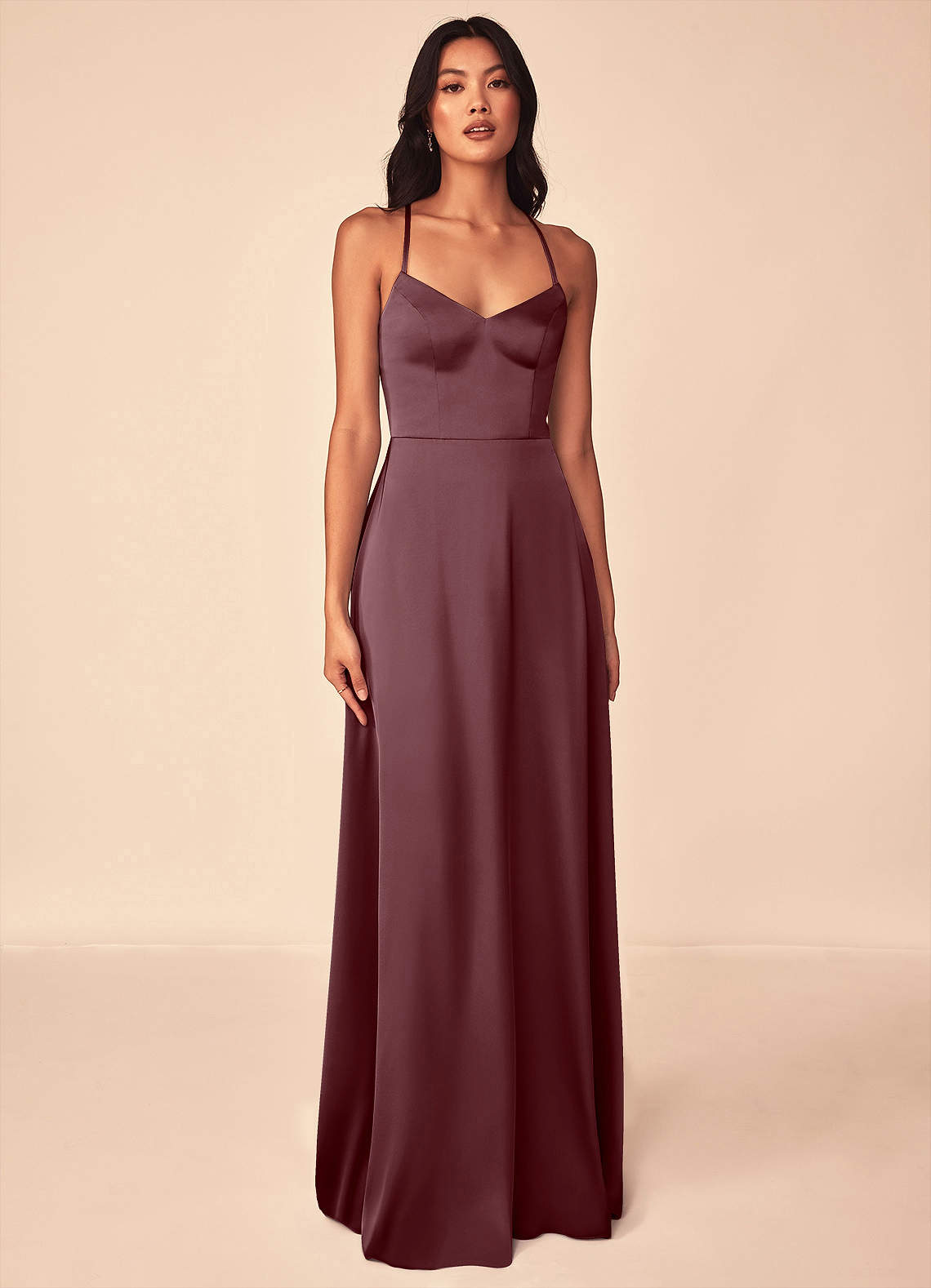 Azazie Mei Bridesmaid Dresses Sangria A-Line V-Neck Stretch Satin Dress image1