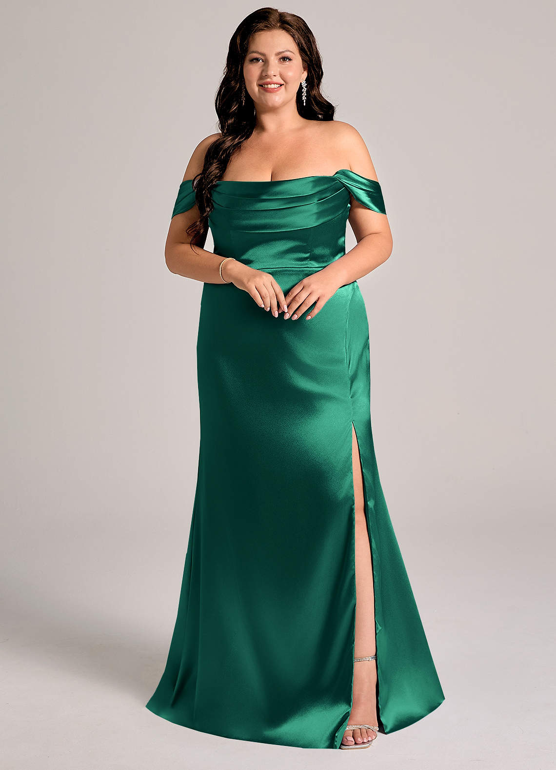Azazie Saige Bridesmaid Dresses Emerald Sheath Off the Shoulder Metallic Satin Convertible Dress image1