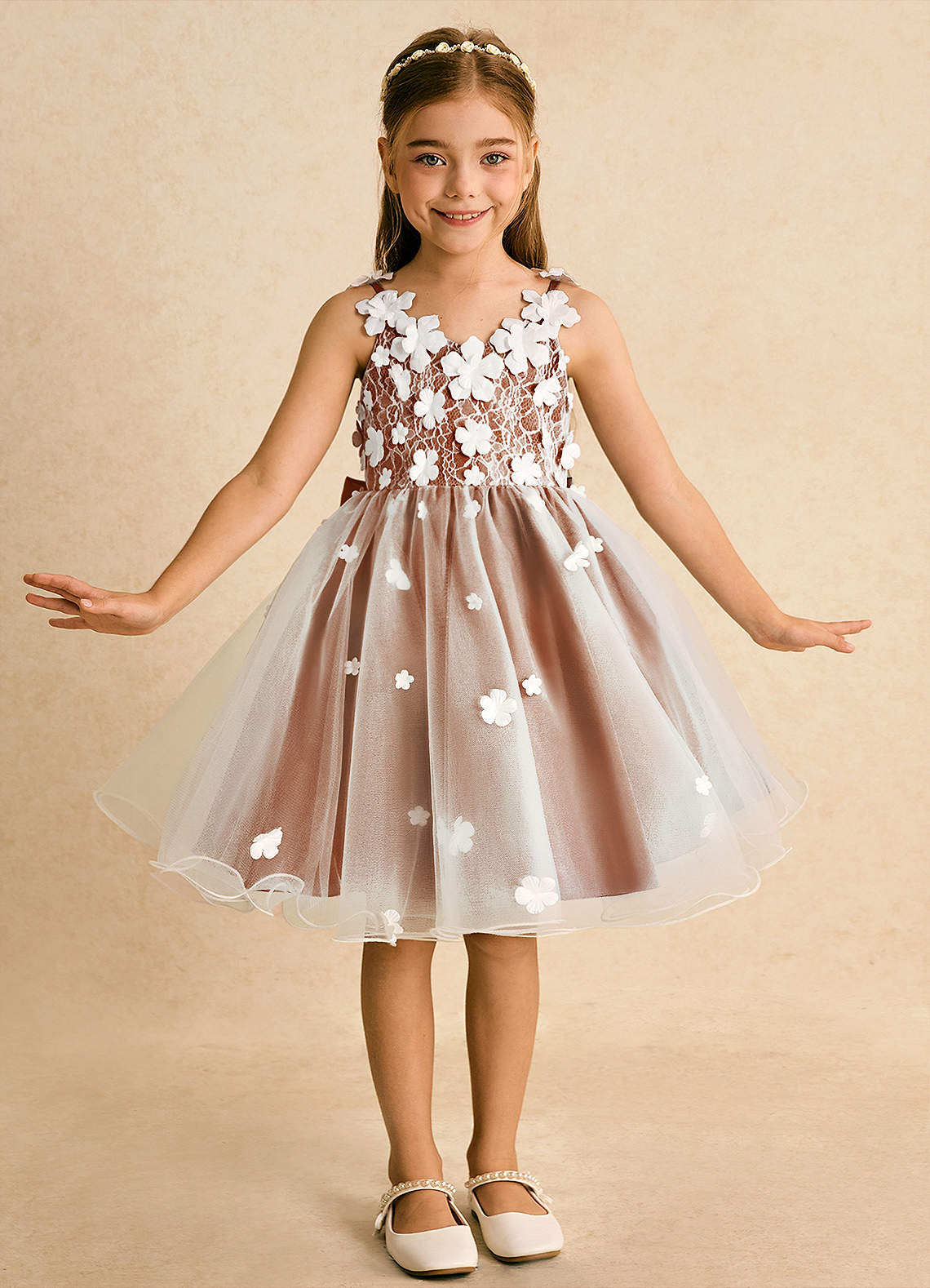 Azazie Junebug Robe Demoiselle D'honneur Fillette Robe Princesse en Tulle Dentelle Ivoire Orange Brûlée image2