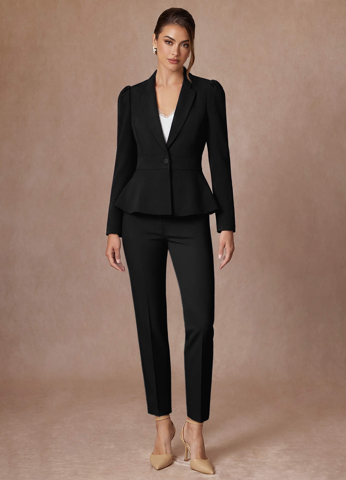 front Amara Black Refined Weave Tailored Peplum Blazer