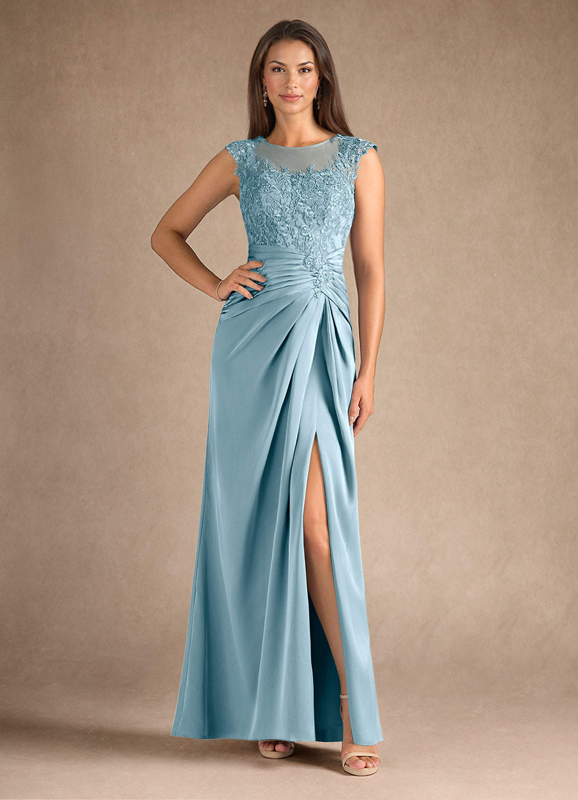 Azazie Santa Barbara Mother of the Bride Dresses Moody Blue Sheath Pleated Stretch Satin Dress image1