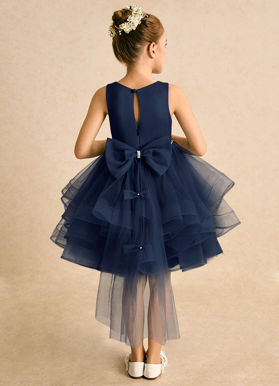 Azazie Tinie Blumenmädchenkleider Ballkleid Schleifen Tüll Kleid Dunkelmarine image1
