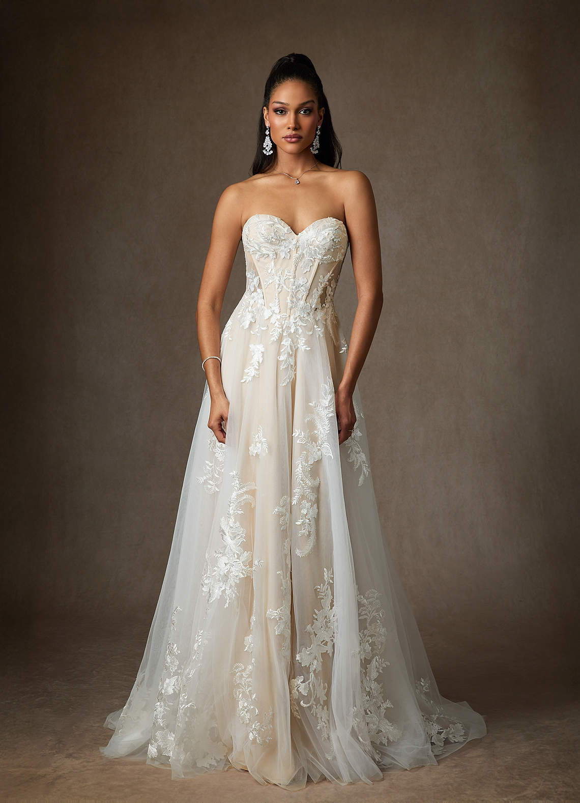 Azazie Aurorie Diamond White Champagne A-Line Sequins Tulle Dress