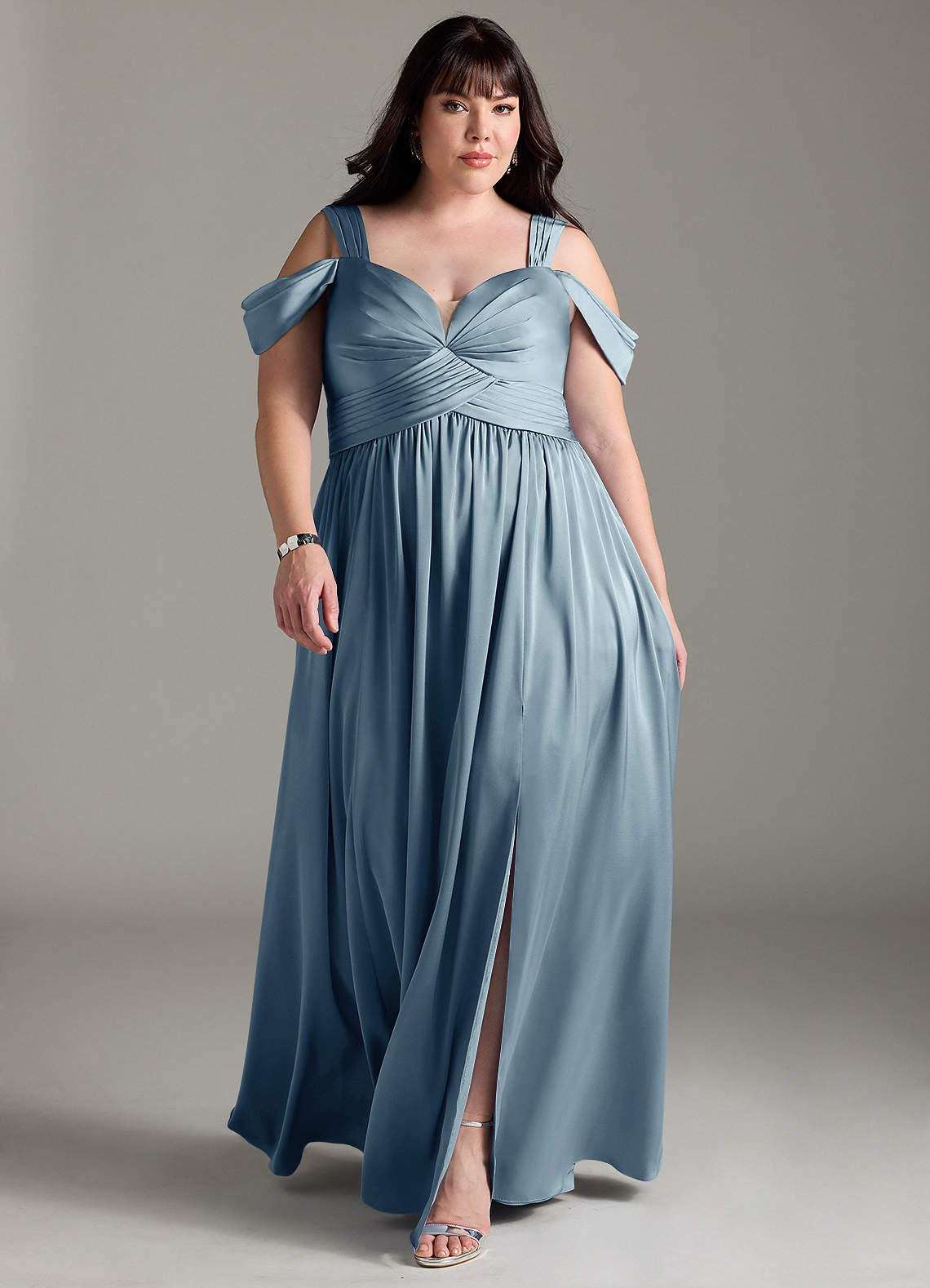 Azazie Lianne Bridesmaid Dresses Dusty Blue A-Line Off the Shoulder Stretch Satin Dress image1