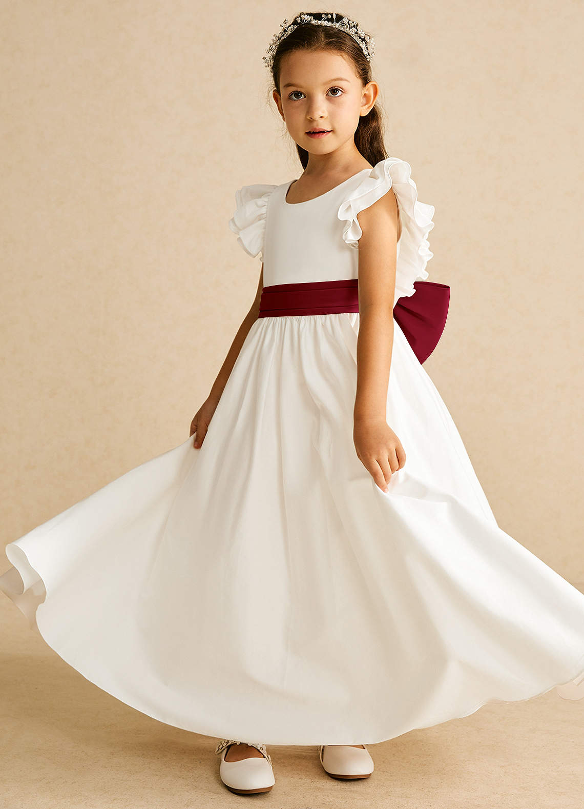 Azazie Aero Flower Girl Dresses Ivory Burgundy A-Line Pleated Cotton Dress image1