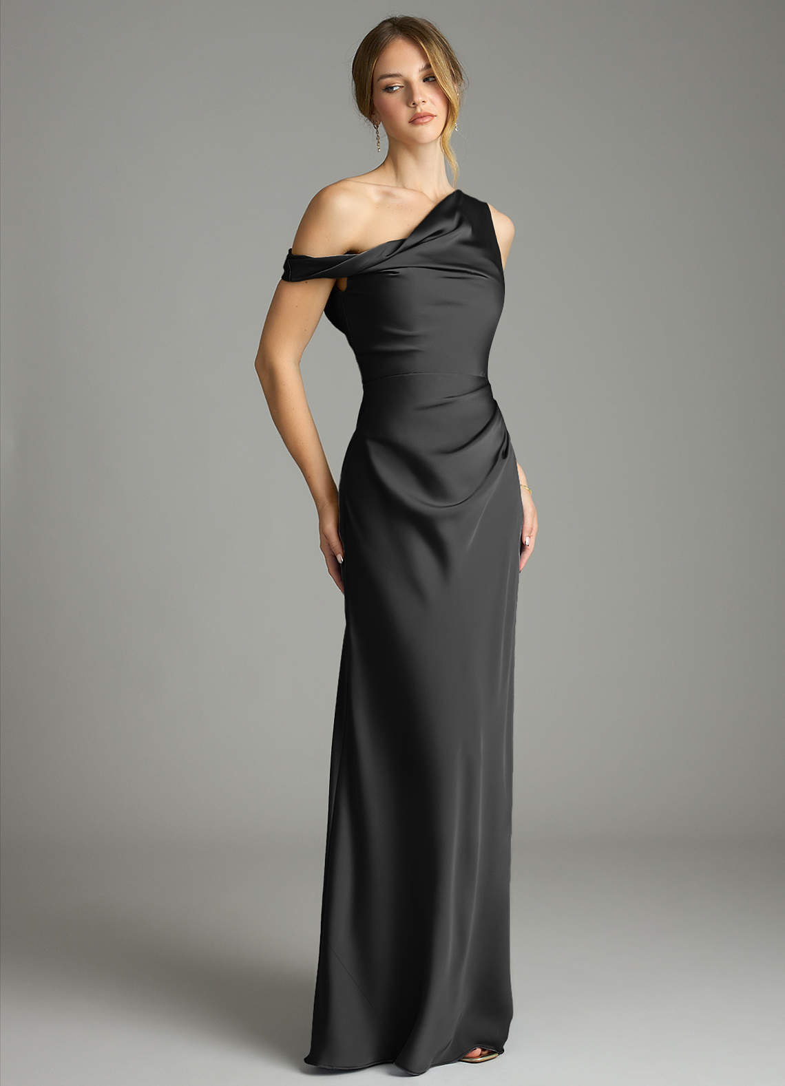 Azazie Emerson Bridesmaid Dresses Black Mermaid Off the Shoulder Stretch Satin Dress image4