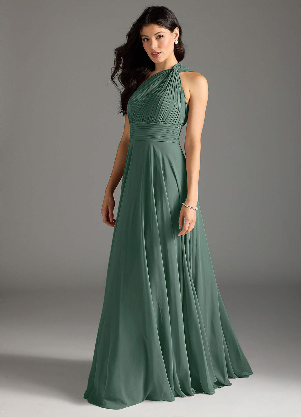 Azazie Charlize Bridesmaid Dresses Sea Moss A-Line One Shoulder Chiffon Dress image3