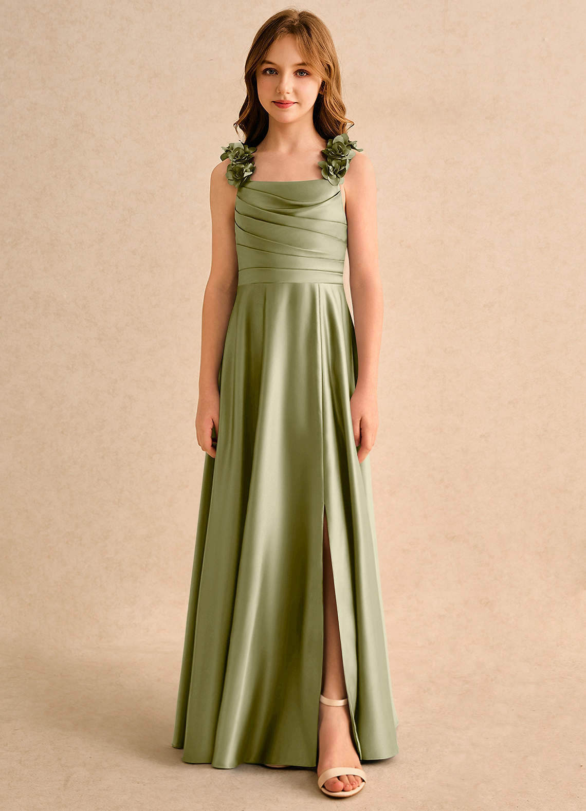 Azazie Rosita Girls Formal Flower Girl Dresses Moss Green A-Line Pleated Matte Satin Dress image2
