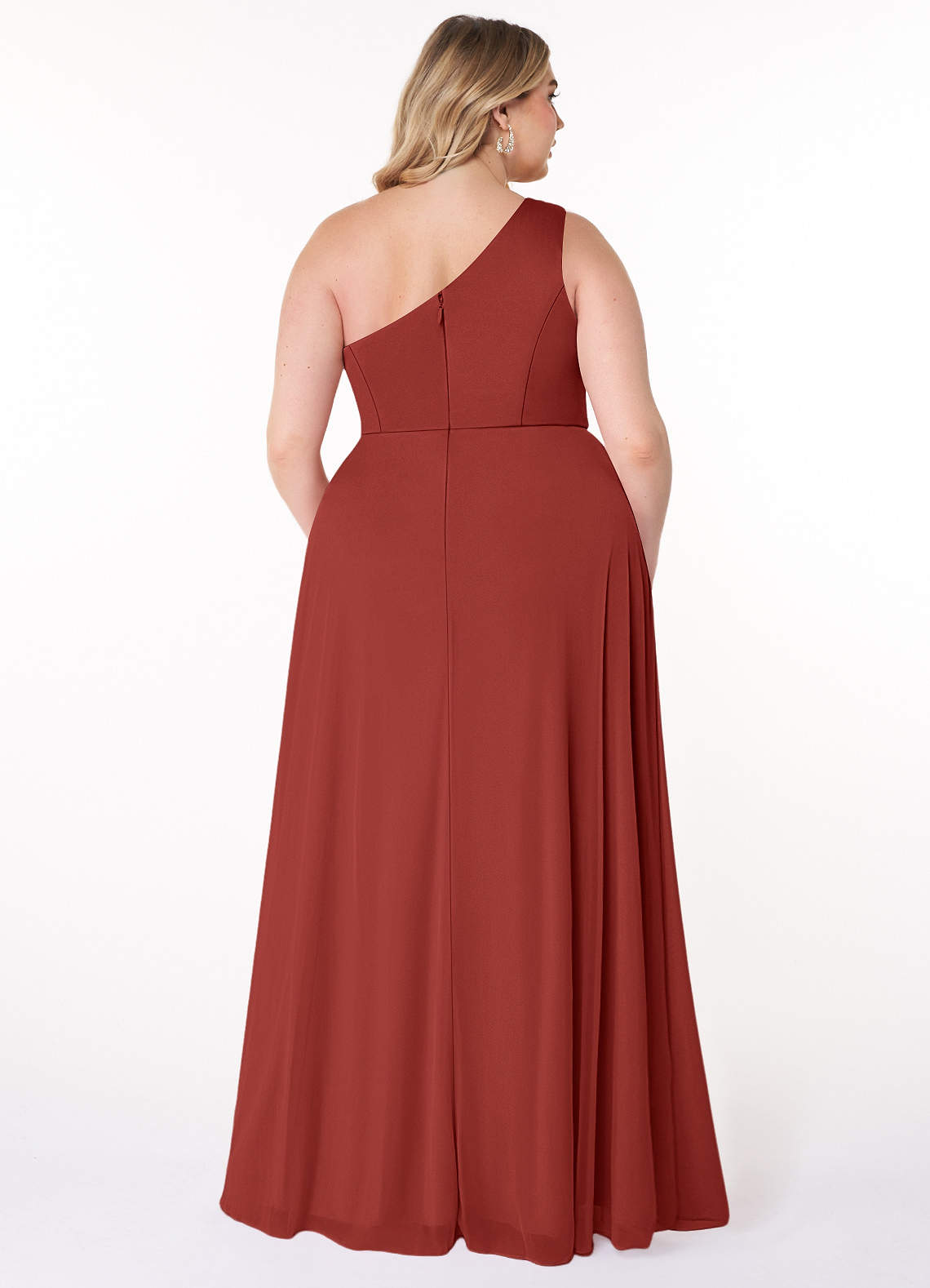 Azazie Brooke Robes de demoiselle d'honneur Robe Trapèze en Maille Une épaule Terracotta image6