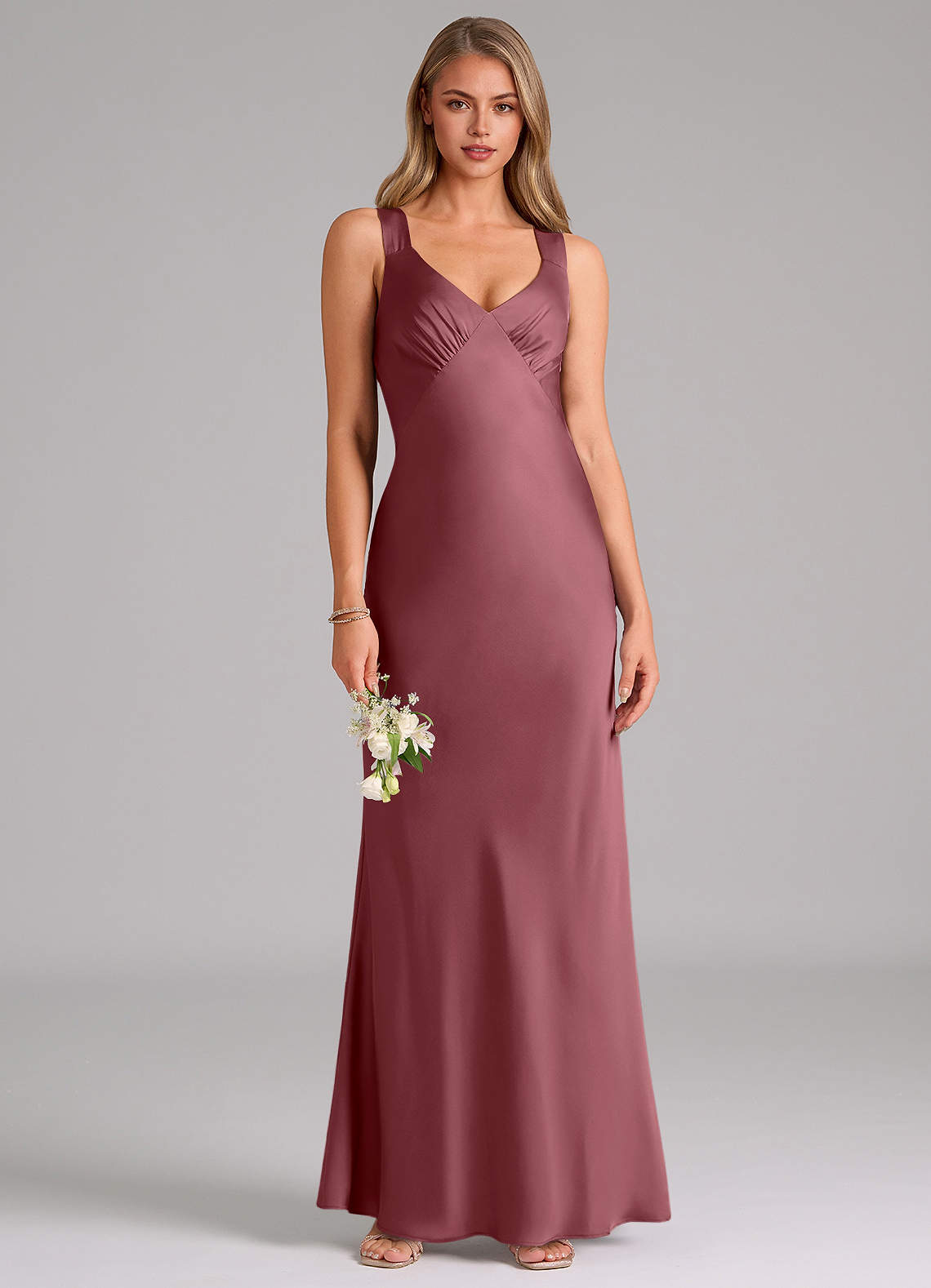 Azazie Kamila Bridesmaid Dresses Desert Rose A-Line Pleated Stretch Satin Dress image1