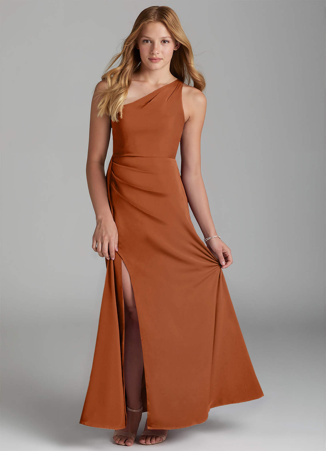 David's Bridal Ball Gown Azazie A-Line/Princess One-Shoulder Floor-Length  Stretch Satin Junior Bridesmaid Dresses Copper