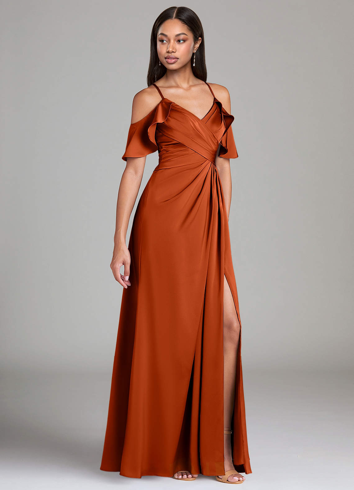 Azazie Dakota Bridesmaid Dresses Paprika A-Line Off the Shoulder Stretch Satin Dress image1