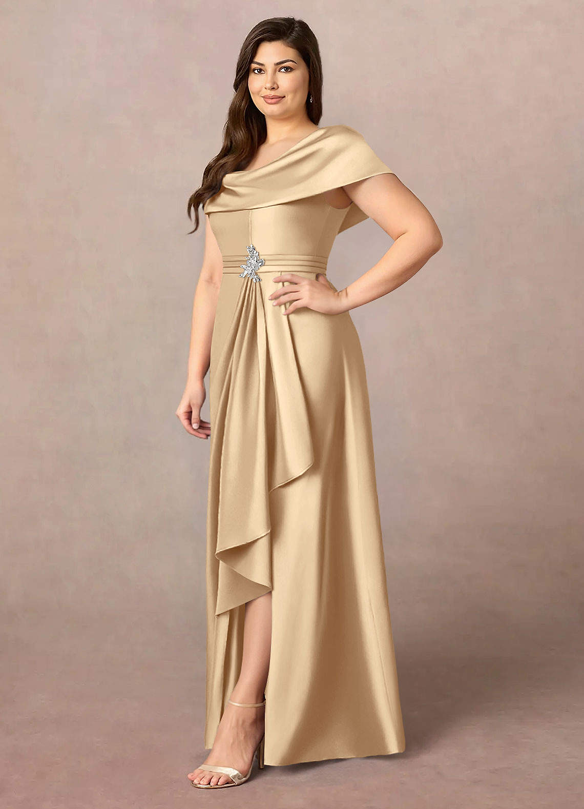 Azazie Branford Mother of the Bride Dresses Champagne A-Line Pleated Stretch Satin Dress image2