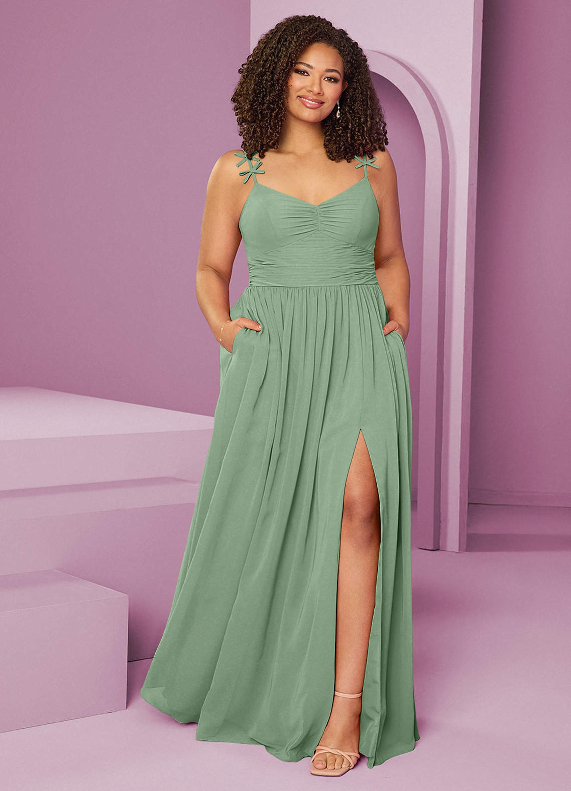 Barbie ♥ Azazie Jurken voor bruidsmeisjes Jurk van Chiffon met A-Lijn Geplooid Matcha image1