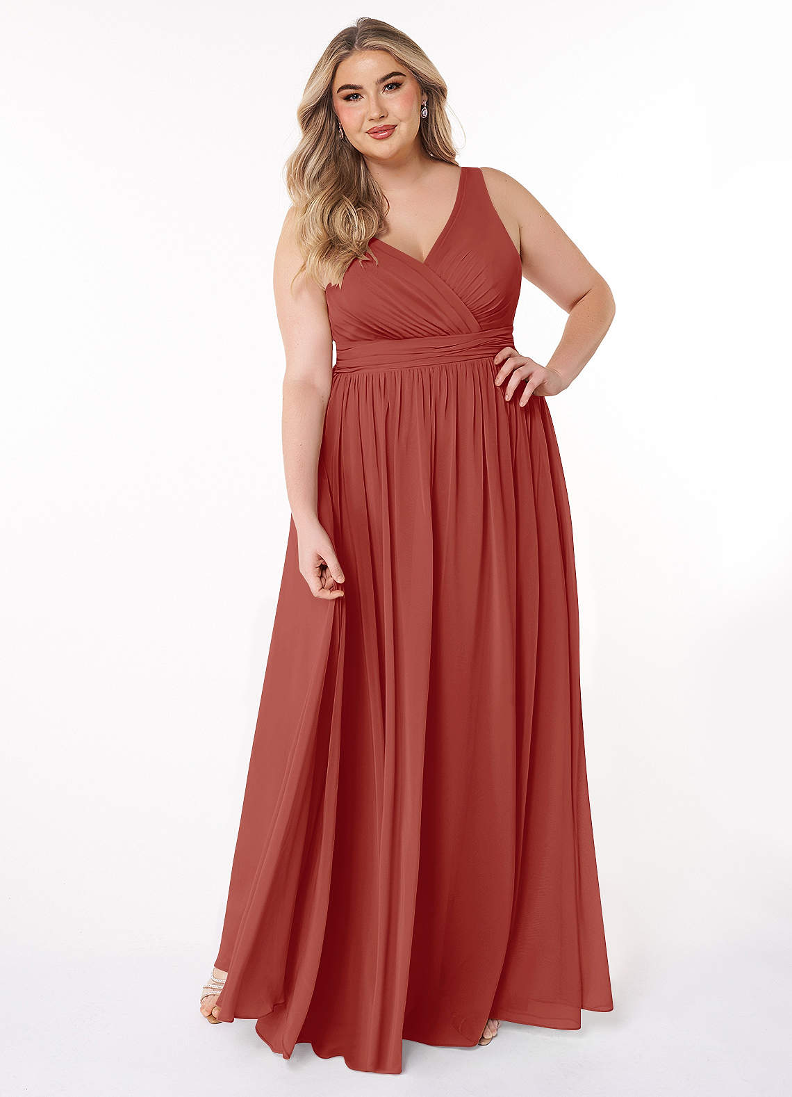 Azazie Kora Brautjungfernkleider A-Linie Plissee Chiffon Kleid Terrakotta image1