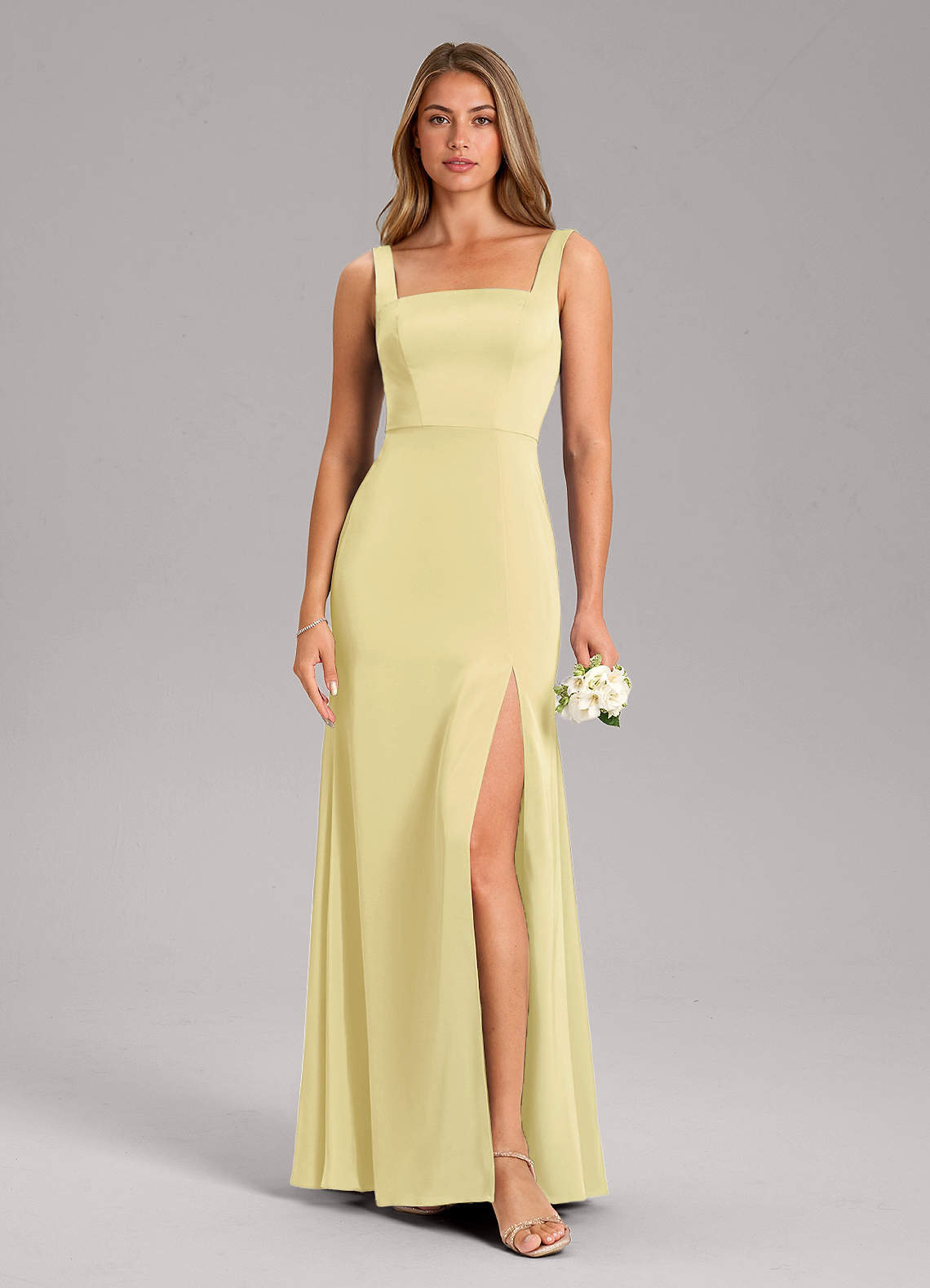 Azazie Frostine Bridesmaid Dresses Lemon Sorbet A-Line Bow Stretch Satin Dress image1