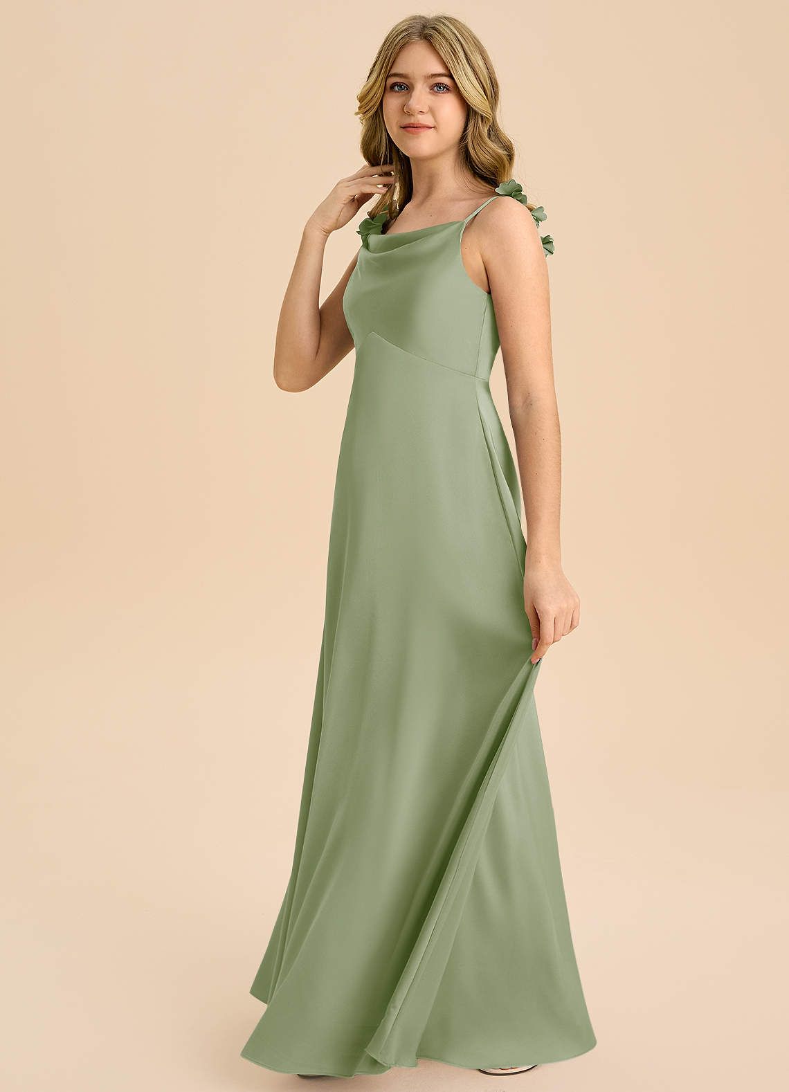 Azazie Gumdrop Junior Dusty Sage Empire Pleated Stretch Satin Dress image4