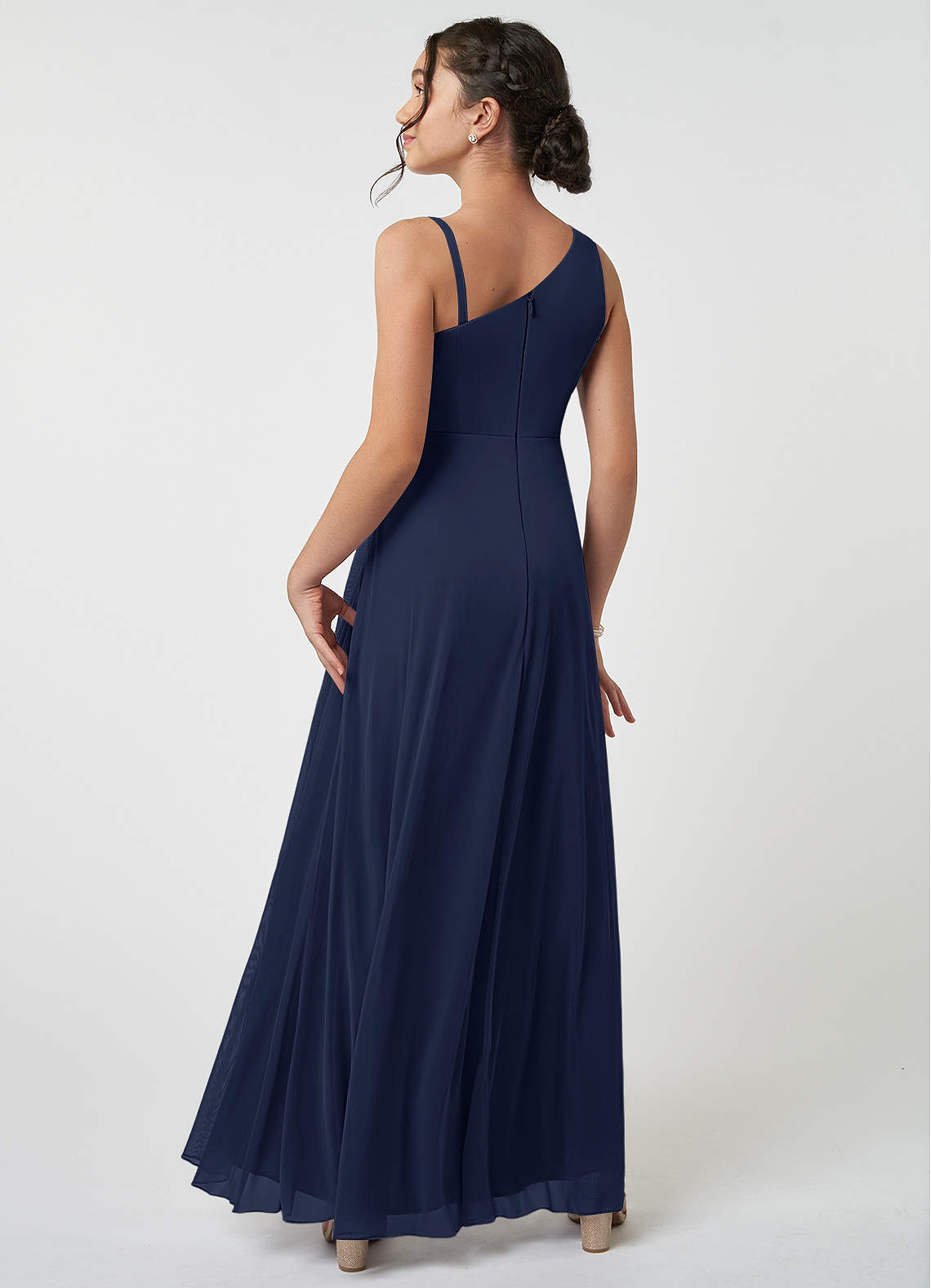 Azazie Brooke Junior Dark Navy A-Line Pleated Mesh Dress image3