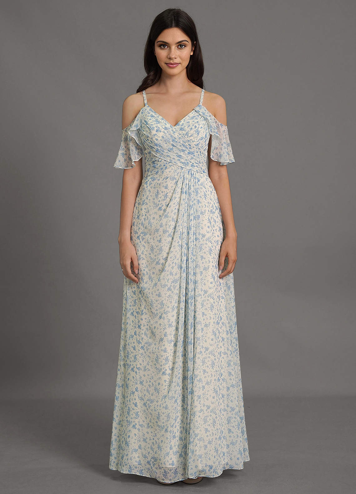 Azazie Dakota Robes de demoiselle d'honneur Robe Trapèze en Mousseline de soie Col V plissé Floral Azur image1