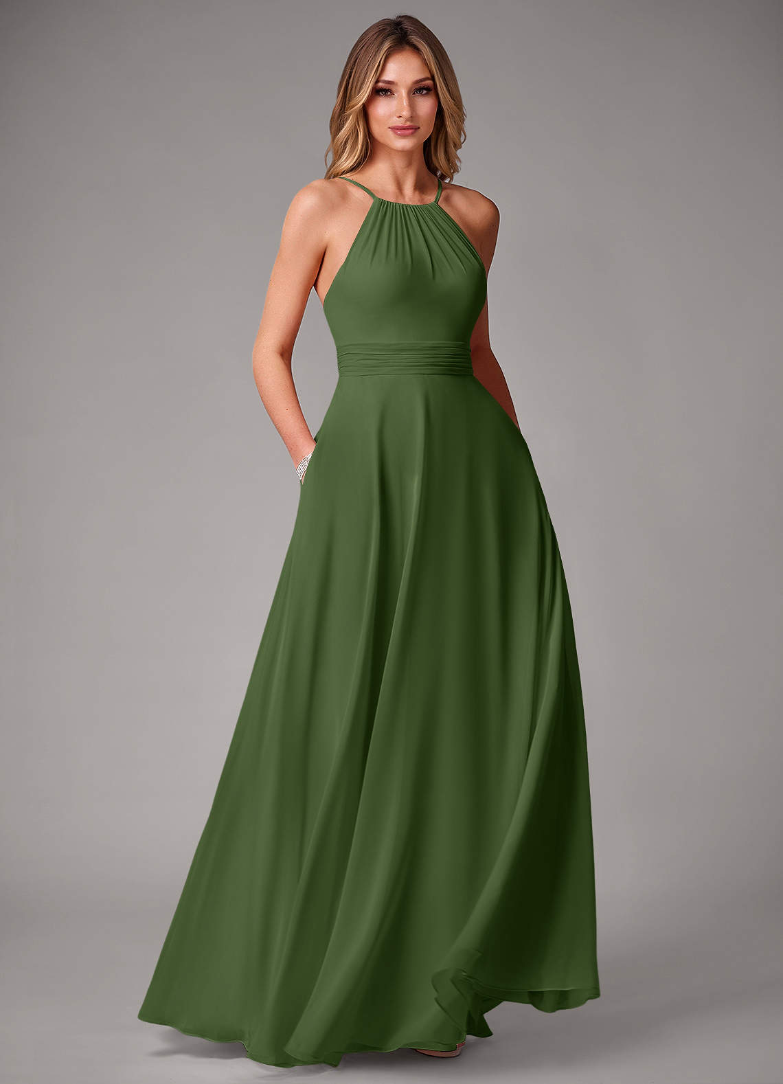 Azazie Amalia Bridesmaid Dresses Olive A-Line Pleated Chiffon Dress image1
