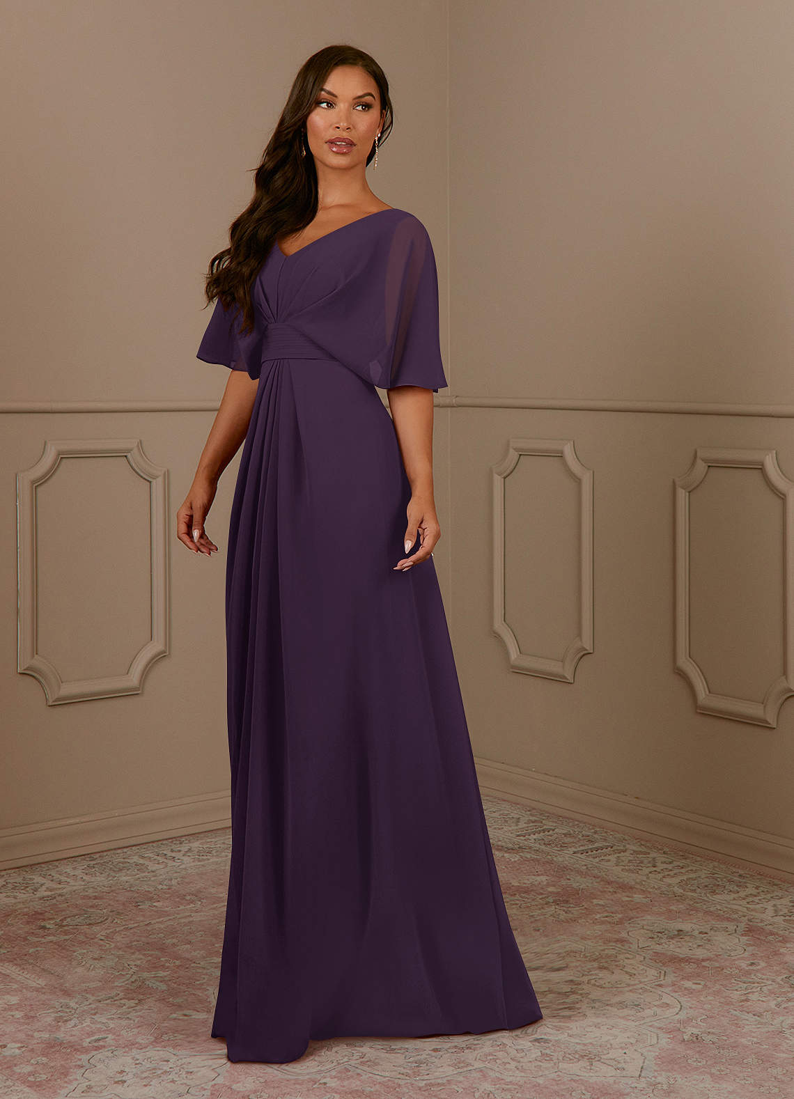 Azazie Oksana Mother of the Bride Dresses Plum A-Line V-Neck Pleated Chiffon Dress image1