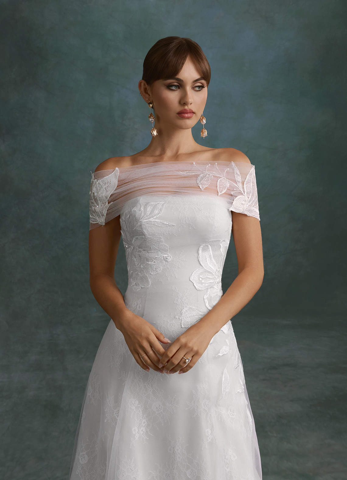 Azazie Berkely Diamond White A-Line Off the Shoulder Tulle Dress