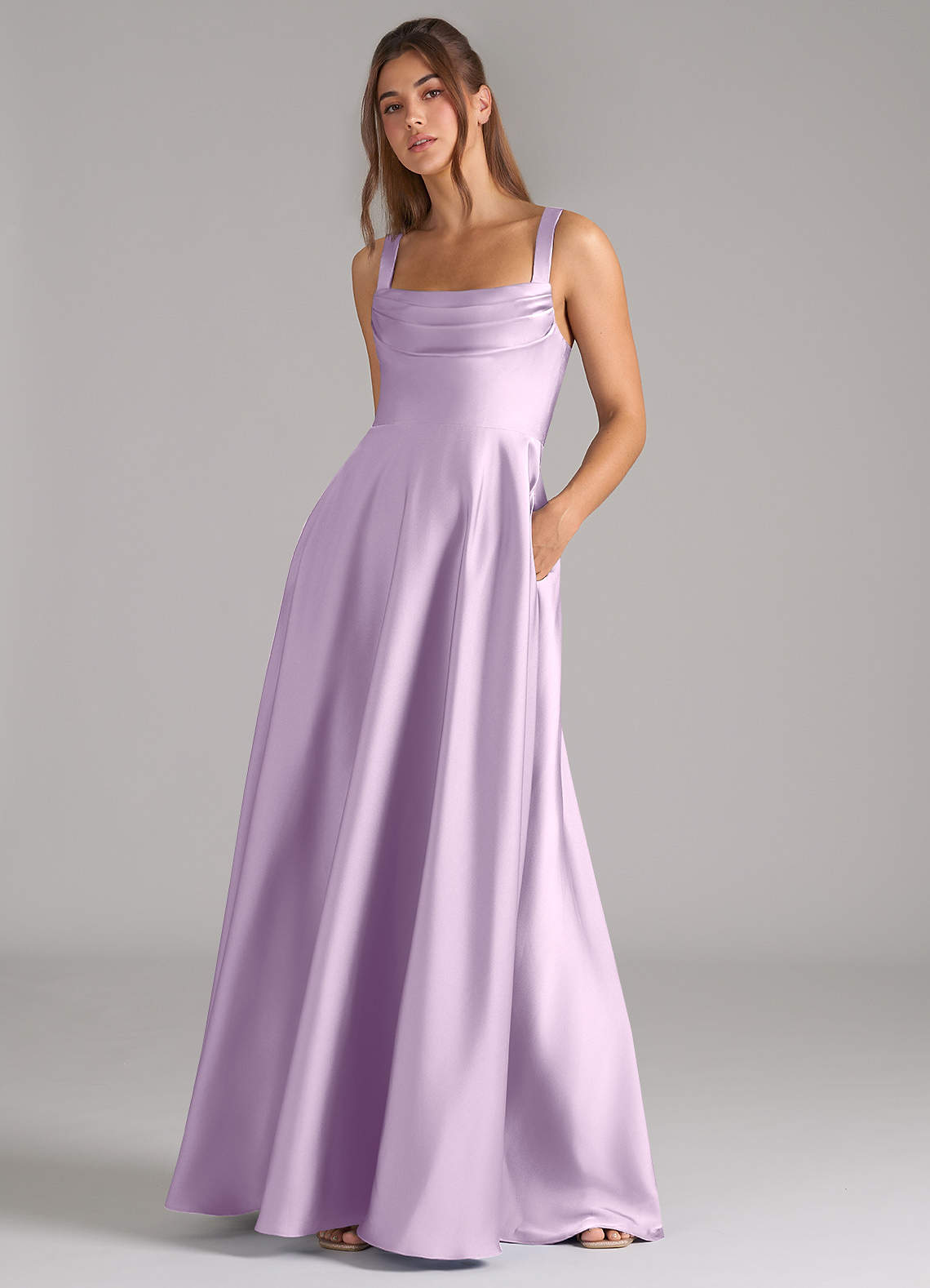 Azazie Shaude Bridesmaid Dresses Frosted Lilac A-Line Pleated Stretch Satin Dress image3