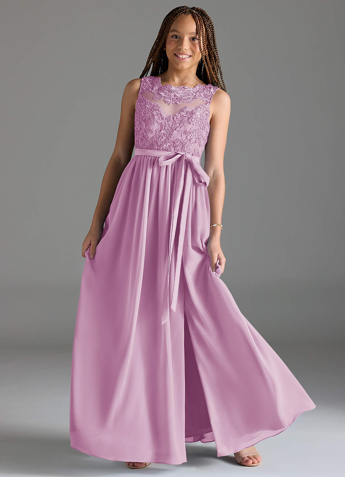 Azazie Elly Junior Jurk van Chiffon met A-Lijn Kant Snoep Roze image1