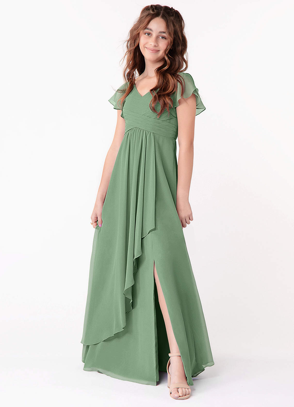 Azazie Omari Junior Matcha A-Line Ruched Chiffon Dress image1