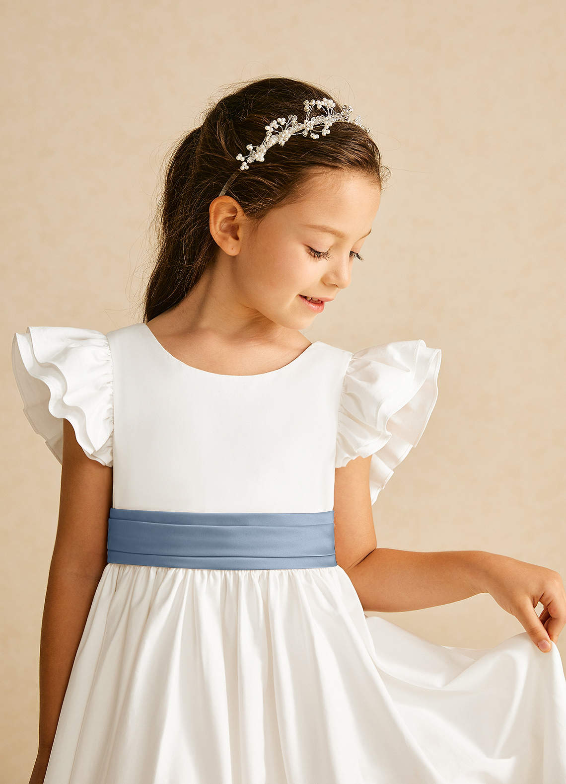 Azazie Aero Flower Girl Dresses Ivory Dusty Blue A-Line Pleated Cotton Dress image2