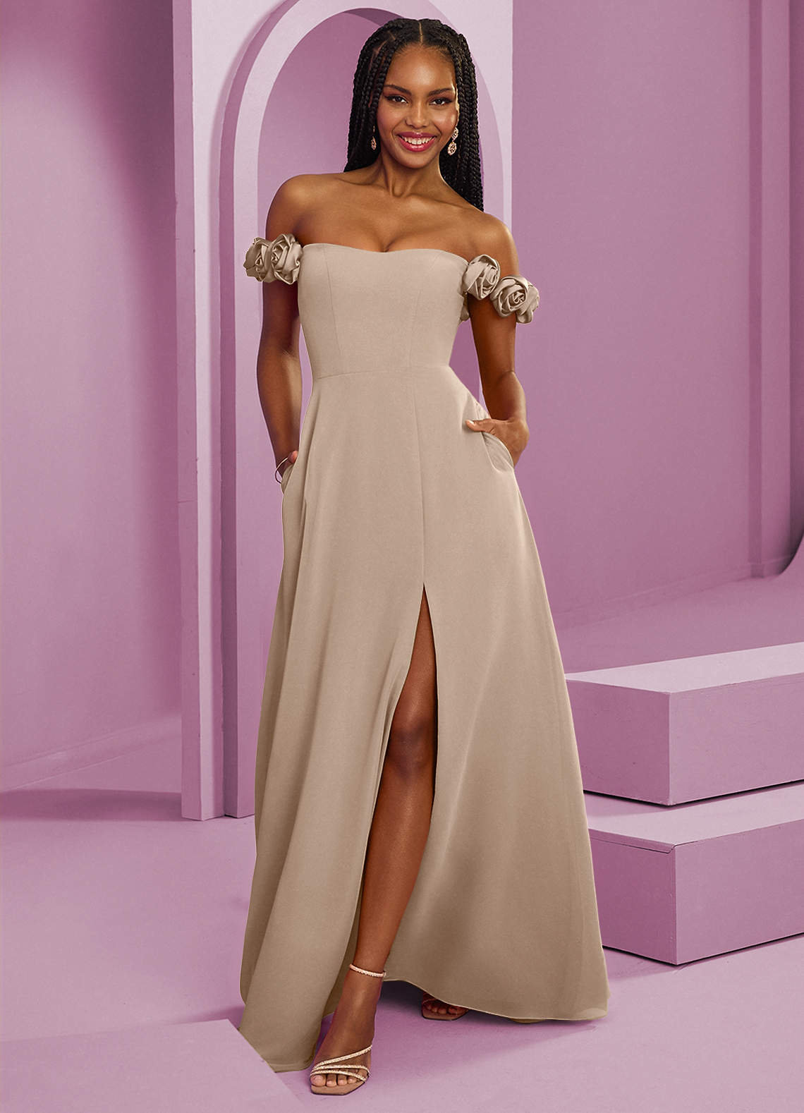 Barbie ♥ Azazie Bridesmaid Dresses Taupe A-Line Off the Shoulder Chiffon Convertible Dress image1