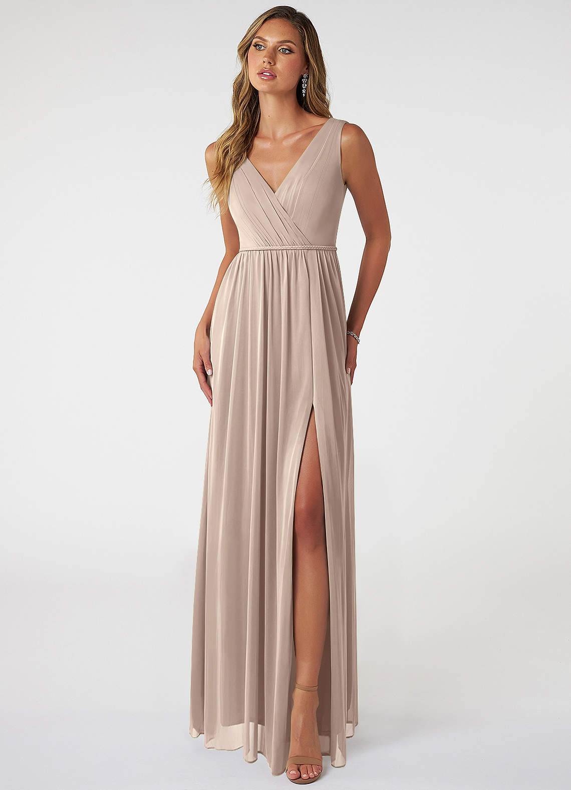 Azazie Tanicia Bridesmaid Dresses Taupe A-Line V-Neck Pleated Mesh Dress image1