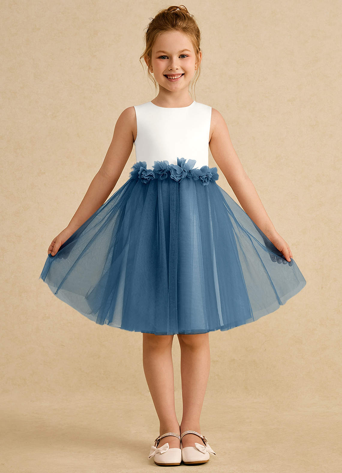 Azazie Louisa Blumenmädchenkleider A-Linie ärmellos Tüll Kleid Elfenbein Bermudablau image1