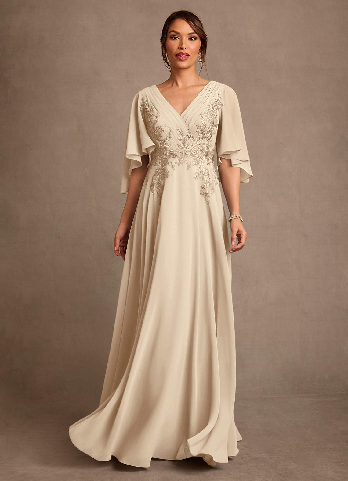 Azazie Tilda Champagne A-Line Lace Chiffon Dress | Azazie