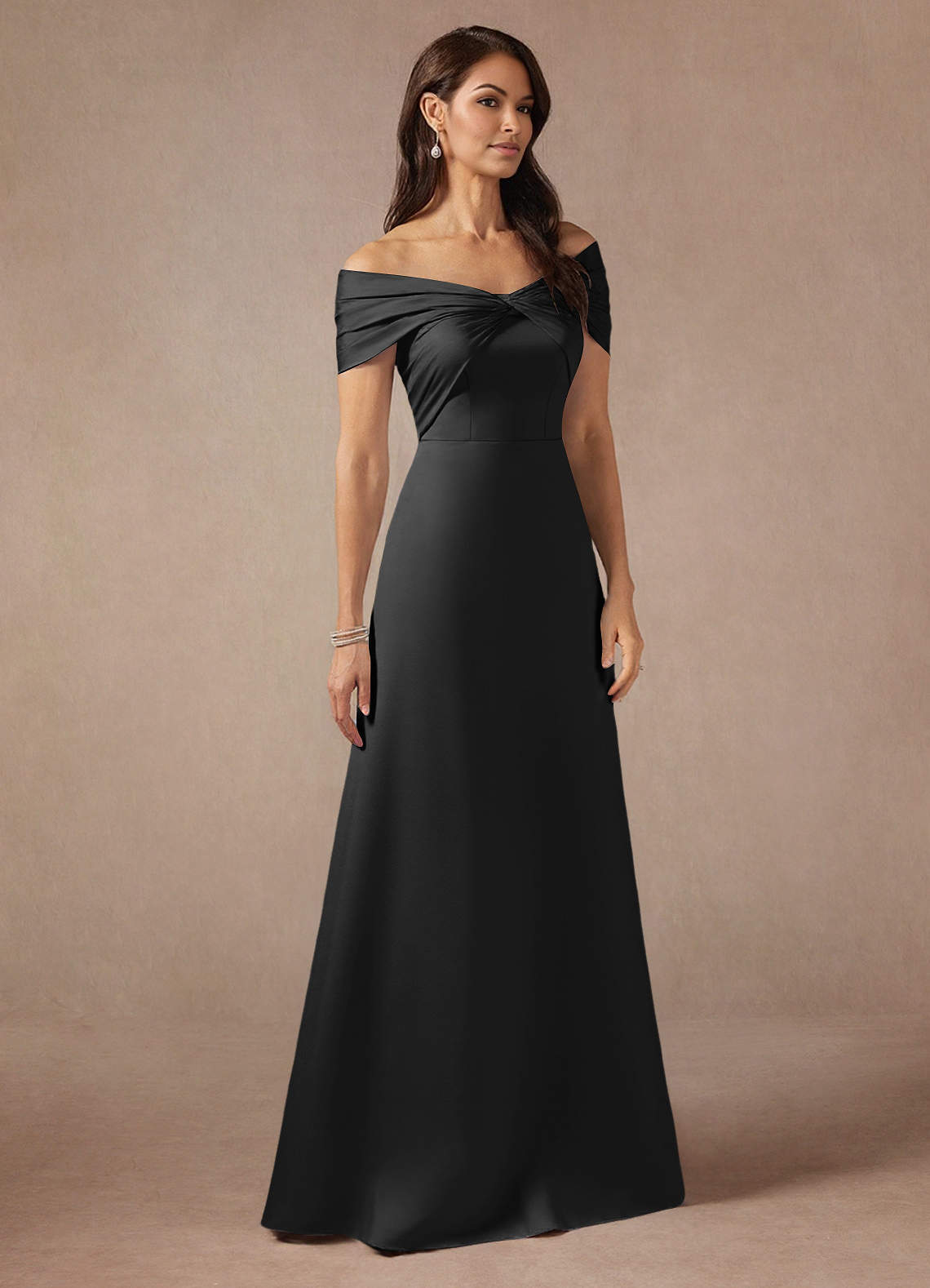 Azazie Amelia Black A-Line Off the Shoulder Stretch Satin Dress