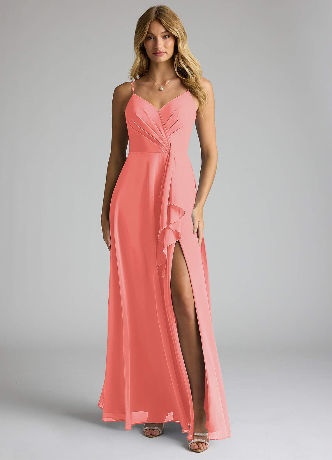 Azazie Akita Bridesmaid Dresses Coral A-Line Chiffon Dress image1