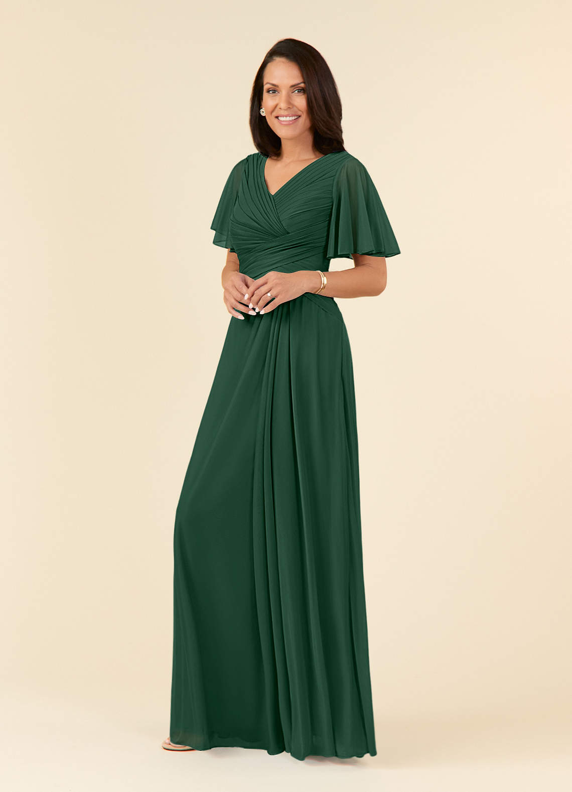 Azazie Emmeline Mother of the Bride Dresses Dark Green A-Line V-Neck Pleated Mesh Dress image2