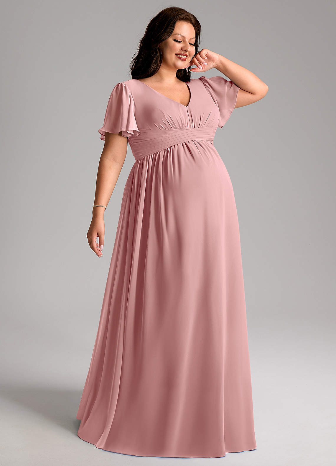 Azazie Verna Maternity Bridesmaid Dresses A-Line V-Neck Ruched Chiffon Floor-Length Dress image1